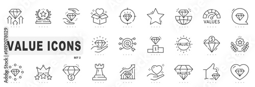 Set of value related line icons. Brilliant, diamond, gem etc. Editable stroke. Set 2