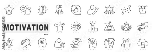 Set of motivation related line icons. Career, inspiration, success etc. Editable stroke. Set 2
