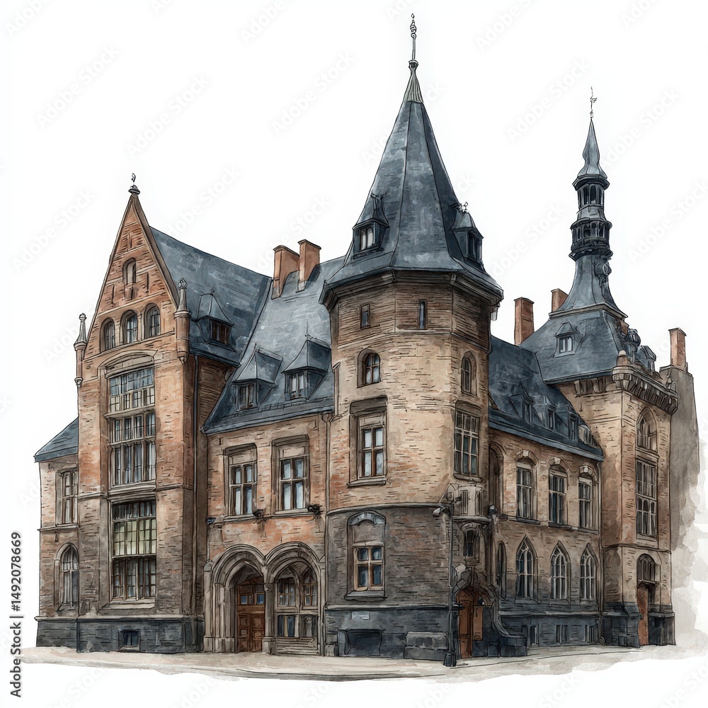 Fototapeta premium Historic European Building Watercolor Illustration.