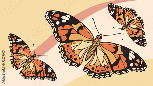 Vibrant Illustration of Three Butterflies Flying Detailed Orange and Black Wings Painted Lady Artwork