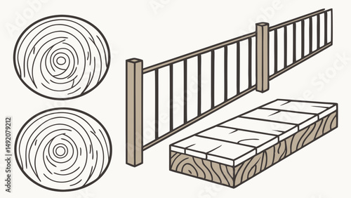 Detailed Graphic Illustration of Wood Grain Texture, Deck Railing, and Decking Materials