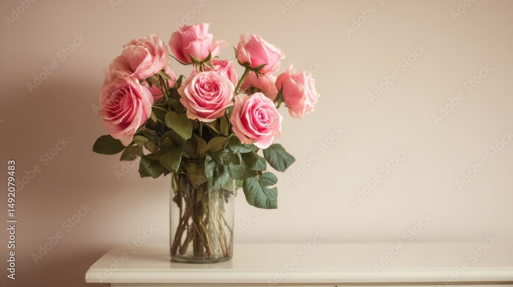 Obraz premium A beautiful bouquet of pink roses arranged elegantly in a clear glass vase, bringing warmth and elegance to any space.