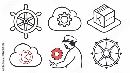 Black and White Outline Icons Set Representing Kubernetes K8s Cloud Computing Container Orchestration and Management