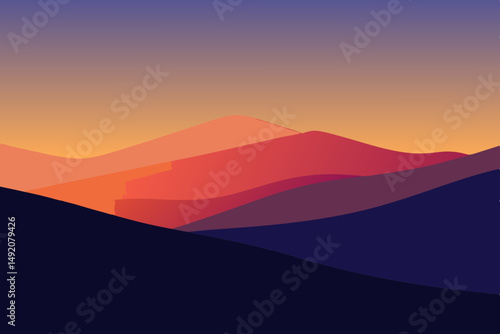 Abstract sunset landscape illustration with layered mountain silhouettes