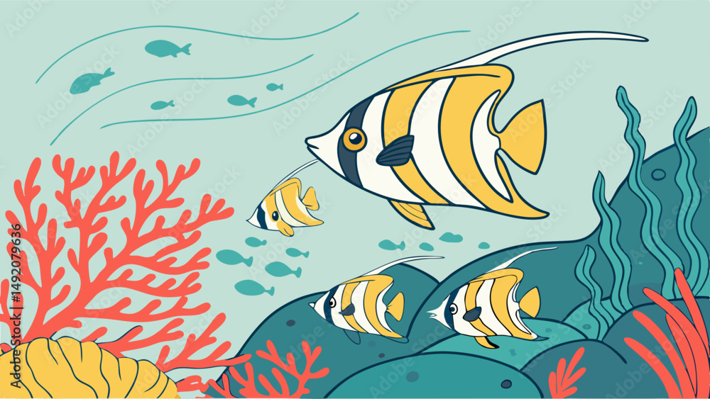 Fototapeta premium Vibrant Illustrated Underwater Ocean Scene with Tropical Butterflyfish, Red Coral, and Green Seaweed