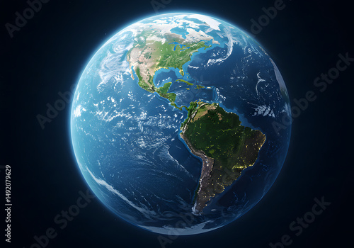 Detailed Earth Globe Americas View, Realistic Planet, Ocean and Continent, World Map, Day and Night