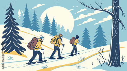 Graphic illustration of three snowshoers hiking uphill on a snowy mountain trail with trees and a bright sun