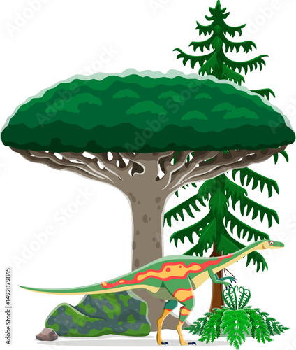 Dinosaur or prehistoric lizard Elaphrosaurus for dino character, cartoon vector. Elaphrosaurus dinosaur of Jurassic era ceratosaurian theropod species for kids dino encyclopedia or paleontology atlas