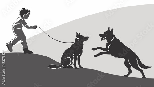Black and white illustration of a child walking a leashed dog meeting another dog on a hill