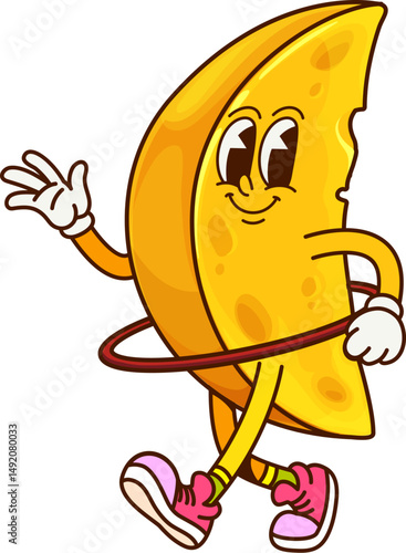 Cheese groovy cute character with hula hoop. Cheddar dairy food wedge vintage mascot, emmental cheese slice groovy vector funny personage. Parmesan piece cartoon happy retro character on fitness