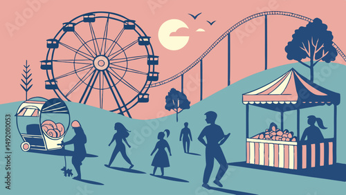 Stylized flat design illustration of an amusement park fairground with Ferris wheel, roller coaster, food stalls, and people enjoying a sunny day.