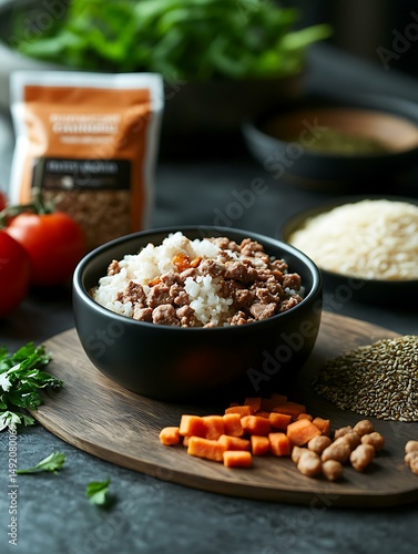 Bright and clean advertising layout of hypoallergenic dog food with rice and lamb, beside open bag Grain-Free and Raw Nutrition Breed-Specific and Age-Specific Formulas Functional Premium Pet Treats