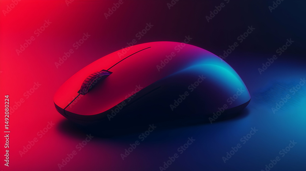 A wireless computer mouse bathed in vibrant, red and blue neon light A wireless computer mouse bathed in vibrant, red and blue neon light