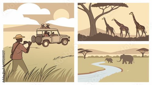 African Safari Wildlife Illustration Sepia Tone Elephants Giraffes Vehicle Photographer