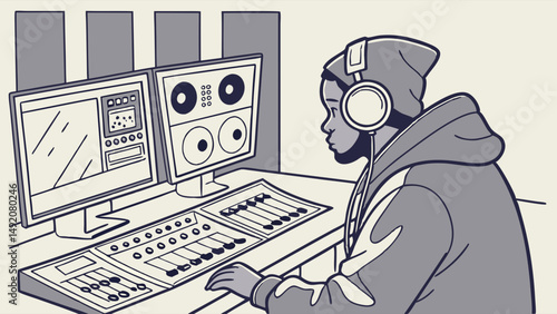 Black and white illustration of a music producer with headphones at a mixing desk and computers