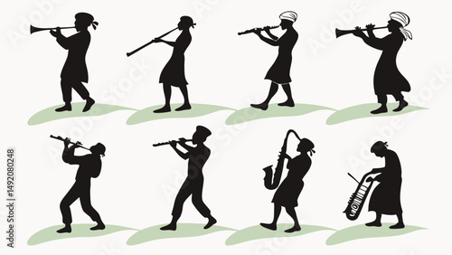Black Silhouettes of Musicians Playing Various Wind Instruments Like Flutes Saxophone and Clarinets Traditional Band Illustration Graphic Art