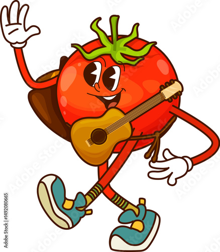 Cartoon groovy tomato cowboy and bandit vegetable character with guitar and cape. Isolated vector funny veg western personage happily waving ready to sing country song. Farm wild west veggie artist