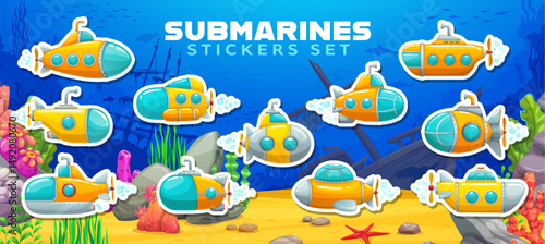 Cartoon underwater submarines stickers pack. Vector fun and adventurous ocean exploration yellow submarine patches floating underwater, surrounded by corals, seaweed, rocks, and shipwreck remains