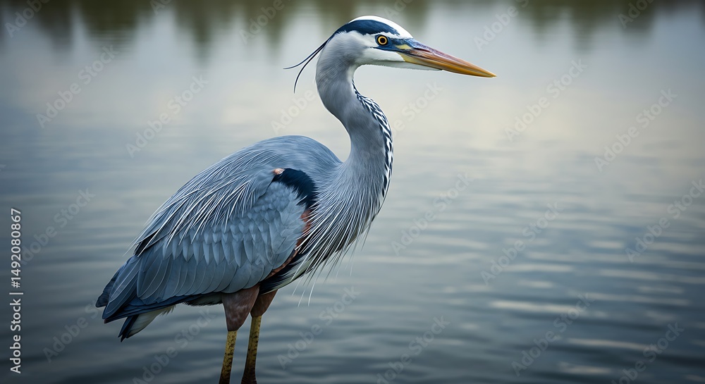 Fototapeta premium Serene Heron at Dawn: Waterside Majesty