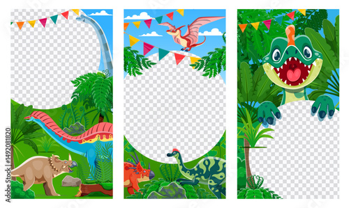 Social media frame templates with cartoon prehistoric dinosaurs. Vector circular photo frames or stories borders featuring playful reptile characters and baby dino in tropical jungle with flag garland