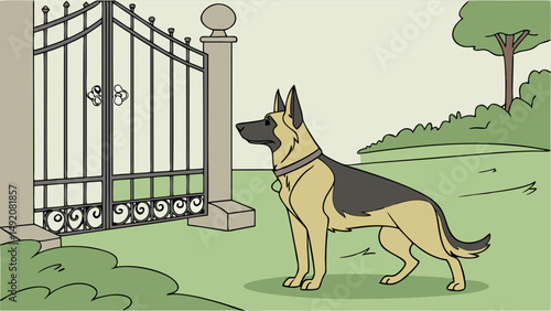 Illustrated German Shepherd Dog Standing by Ornate Metal Gate in Yard