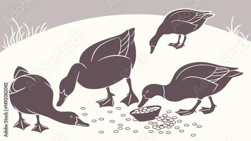 Stylized Illustration of Four Ducks Eating Food from a Bowl and Ground