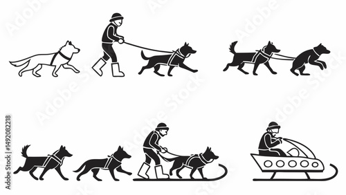 Black and White Graphic Illustration Sequence of Dog Sledding Preparation and Mushing Winter Sport Activity