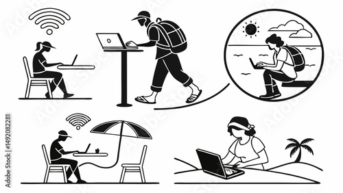 Black and white illustration of digital nomads working remotely in various locations cafe beach and tightrope walk symbolizing flexibility