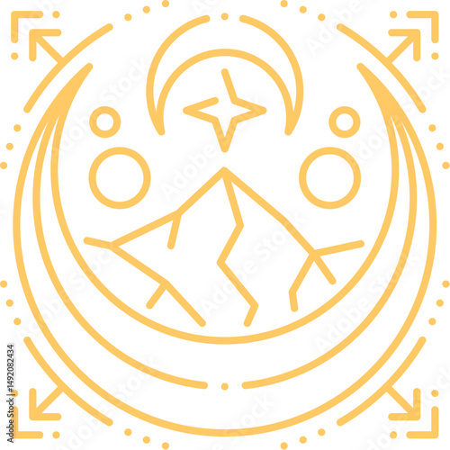 Esoteric line symbol for mystic Boho tattoo and magic Tarot cards, vector occult sign. Sacred esoteric symbol of celestial constellation, planets and crescent moon line signs for magic witchcraft
