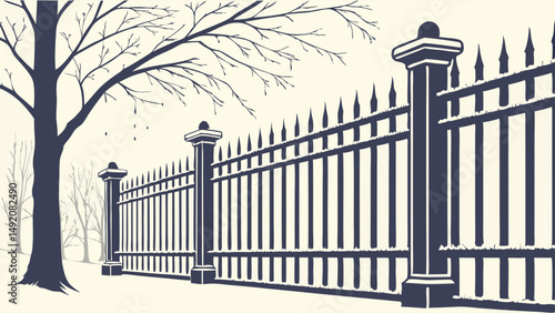 Ornate black metal fence with spiked tops and large pillars in a monochrome winter landscape illustration with a bare tree