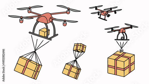 Simple Illustration of Drones Delivering Packages - Automated Aerial Logistics Technology Concept