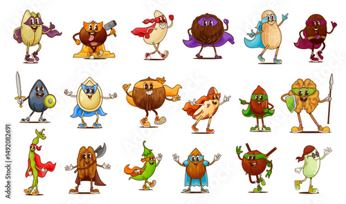 Groovy superhero nut and bean characters. Retro hippie almond, walnut, peanut and hazelnut vector personages wearing superhero capes and masks. Cartoon groovy pistachio, coconut and brazil nuts