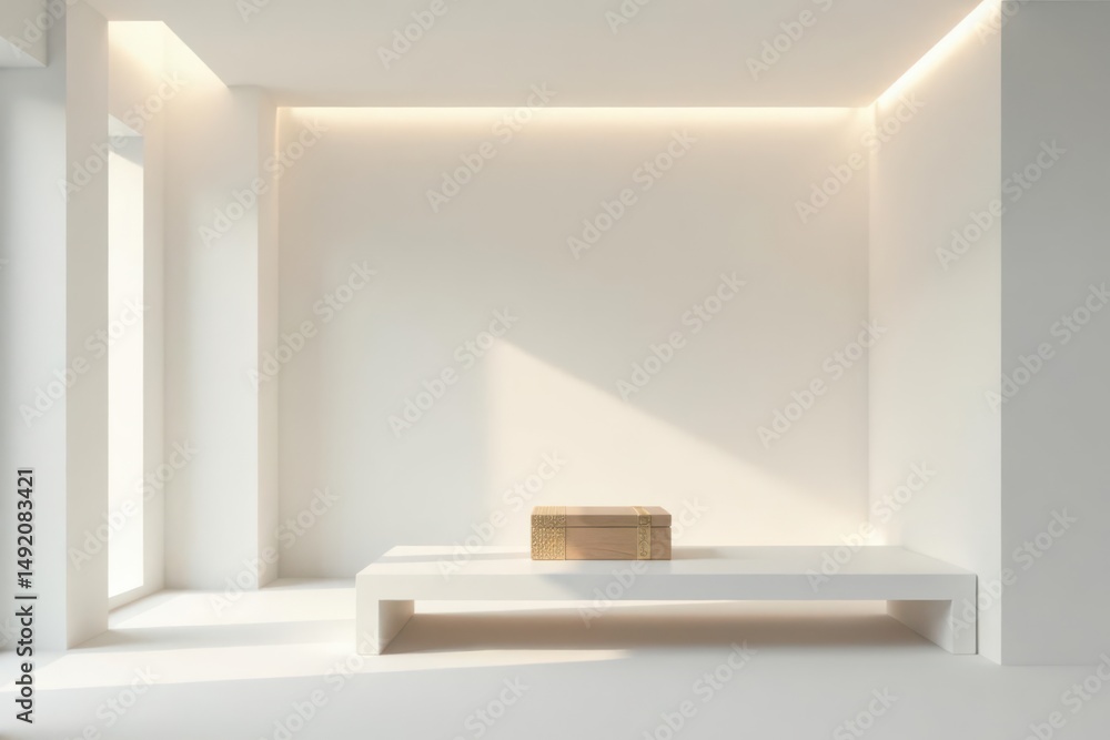 Minimalist Interior Design Featuring a Light Wood Box on a White Bench Minimalist Interior Design Featuring a Light Wood Box on a White Bench
