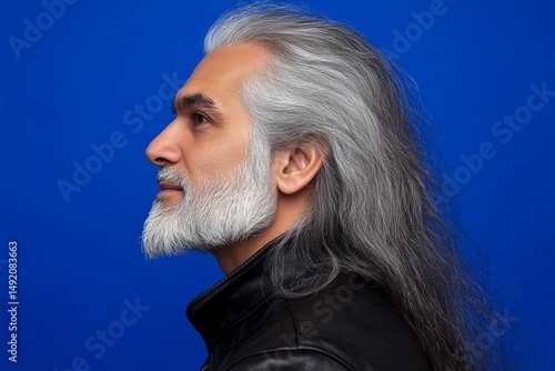 Trendy men's hard part haircut - midlife arabian man with long hair. Conceptual art of style for aging men. An expressive midlife man with a fashionable style. Blue solid background.