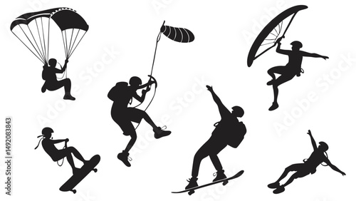 Black dynamic silhouettes of people doing extreme sports skateboarding paragliding kitesurfing action poses vector collection