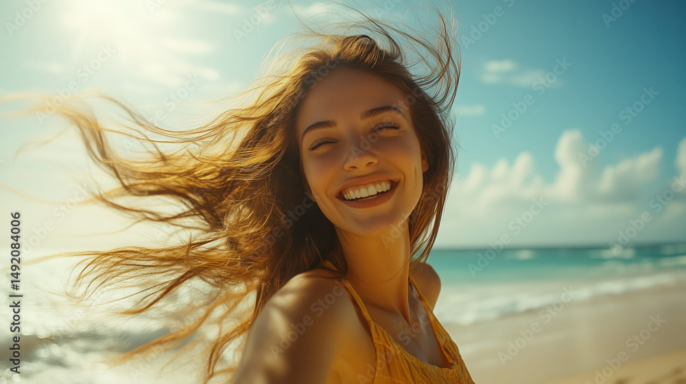 a carefree woman dancing on the beach with her hair blowing in the wind a carefree woman dancing on the beach with her hair blowing in the wind