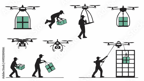Drone Delivery and Logistics with People Handling Packages Silhouette Vector Set