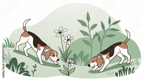 Adorable cartoon illustration of two Beagle dogs sniffing white flowers and lush green plants in a peaceful outdoor garden scene