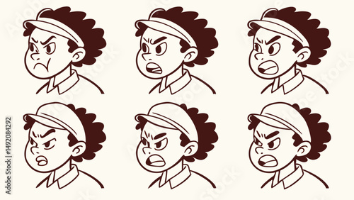 Six Angry Cartoon Character Facial Expressions Illustration Set With Visor And Curly Hair