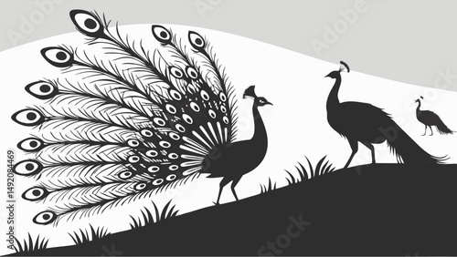 Black and White Silhouette Illustration of a Group of Peacocks in Nature One Displaying Tail Feathers