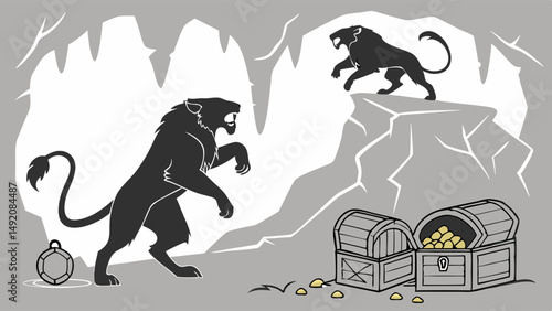 Fantasy illustration of two black panthers guarding gold treasure chests in a mysterious cave