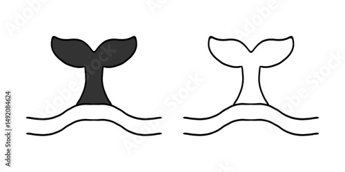 Whale Tale Icon ocean animal, mammal tail line sketch. Vintage simple silhouette with waves. Minimalistic simple tattoo drawing. 