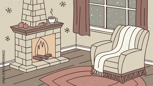 Cozy Winter Living Room Illustration Fireplace Warm Armchair Blanket Snowy Window View