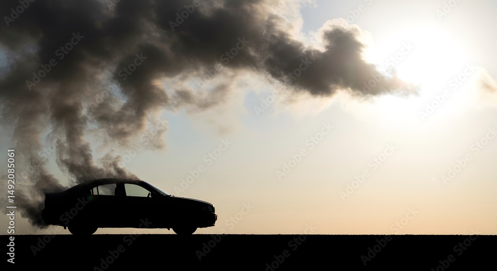 Fototapeta premium show a silhouette of a car emitting dark clouds of pollution on the left side of the image, with a bright sunbeam shining down from the top right corner