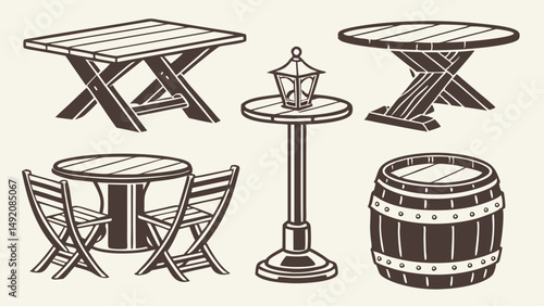Vintage Wooden Pub and Outdoor Furniture Tables Chairs Barrel Collection Line Art