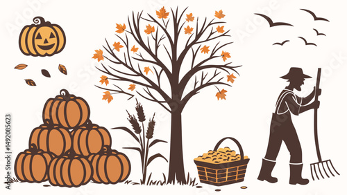 Rustic Autumn Harvest Illustration with Pumpkins, Raking Leaves, Tree, Farmer Vector Graphic