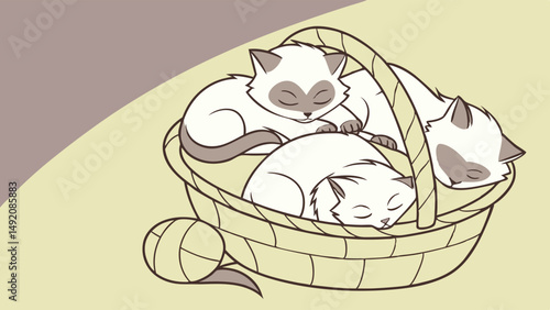 Adorable cartoon illustration of three cute Siamese kittens sleeping in a basket with a ball.