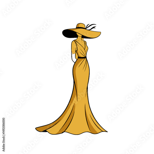 Elegant Woman in a Yellow Dress and Hat