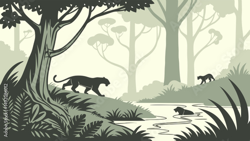 Duotone Illustration of Panthers Walking and Swimming in a Tropical Jungle River Wildlife Art Nature Scene