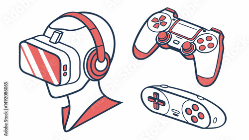 Gaming VR Headset Headphones Modern Retro Video Game Controllers Line Art